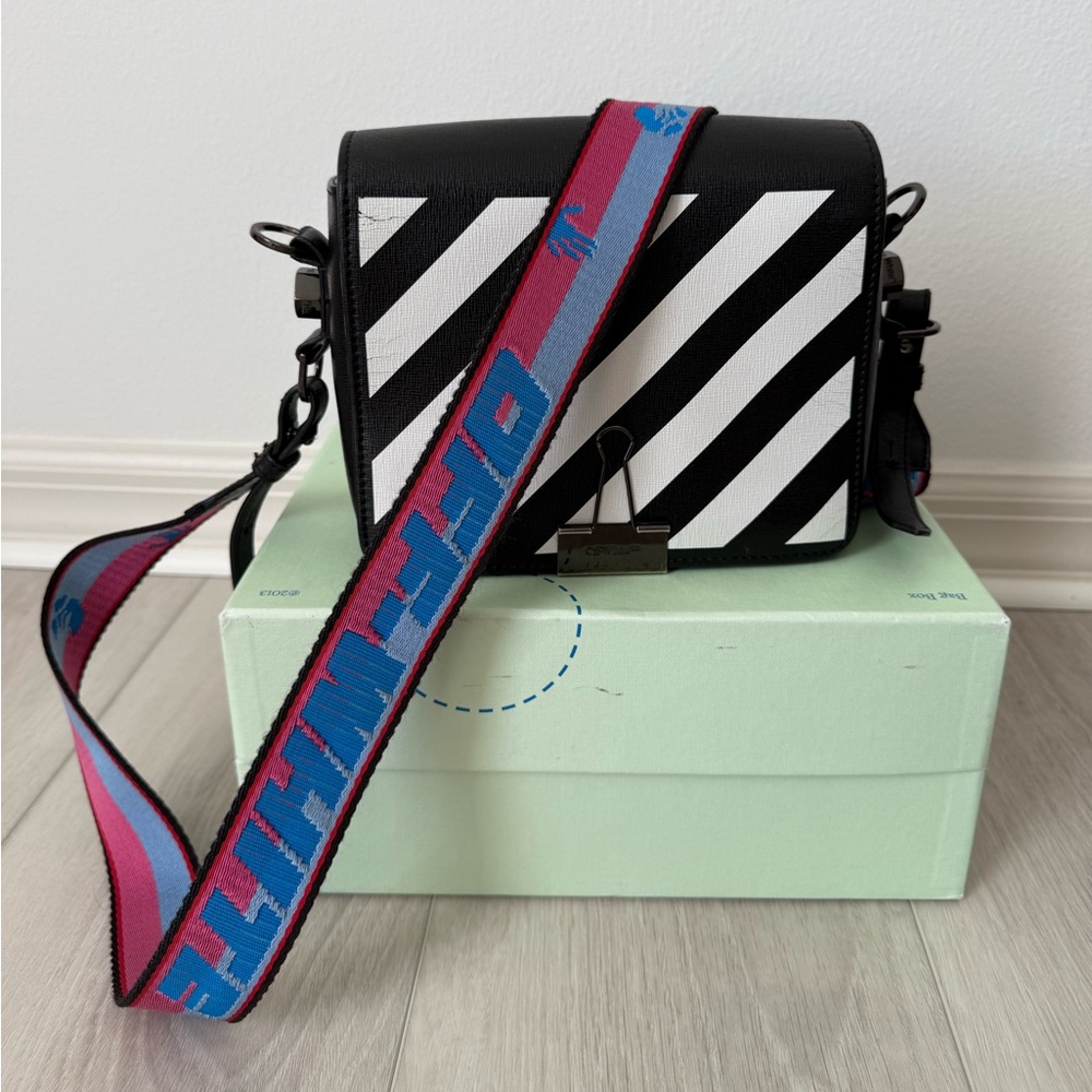 Off-White Black and White Striped Bag with Pink and Blue Strap